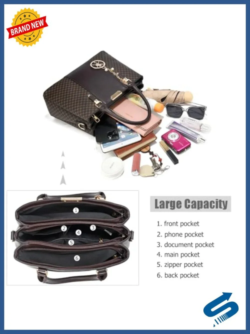 Women's Satchel Purse 3 Zip Compartments Faux Leather Handbag Shoulder Bag Tote